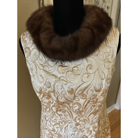 Joseph Magnin 1960 gold brocade real mink collar cocktail dress sz 8/10 back zip - Picture 2 of 15